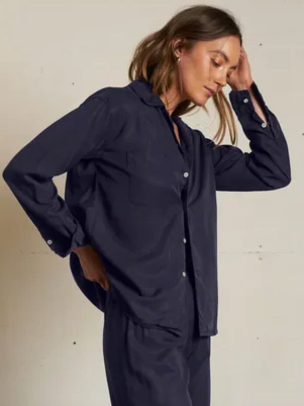 Perfectwhitetee Navy Melody Tencel Long Sleeve Button-up Shirt Size: M
